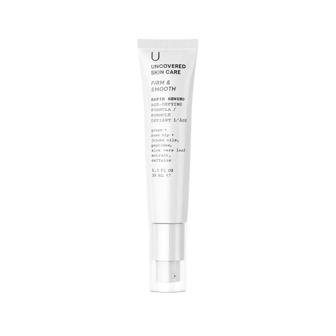 Pure Romance Rapid Rewind Skincare tube labeled 'Uncovered Skin Care' on a white background