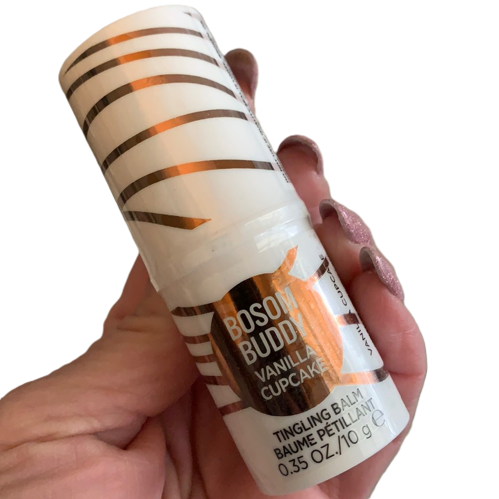 gold striped container of Bosom Buddy Vanilla Cupcake tingling lip and nipple balm by Pure Romance