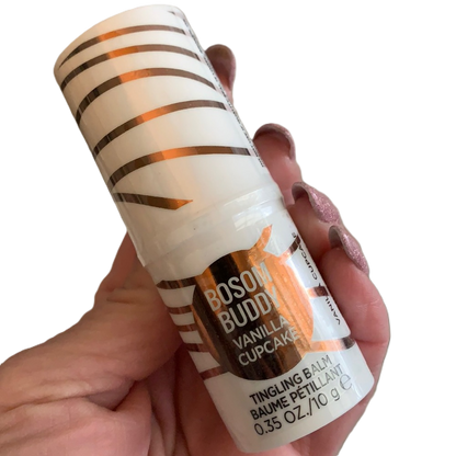 gold striped container of Bosom Buddy Vanilla Cupcake tingling lip and nipple balm by Pure Romance