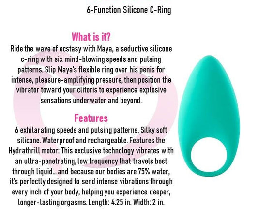 Teal Green Pure Romance Vitamin Sea Vibrating Cock Ring on a white background with descriptive text about its features and use. The text includes headings like 'What is it?' and 'Features' and describes a 6-function silicone C-ring named Maya.