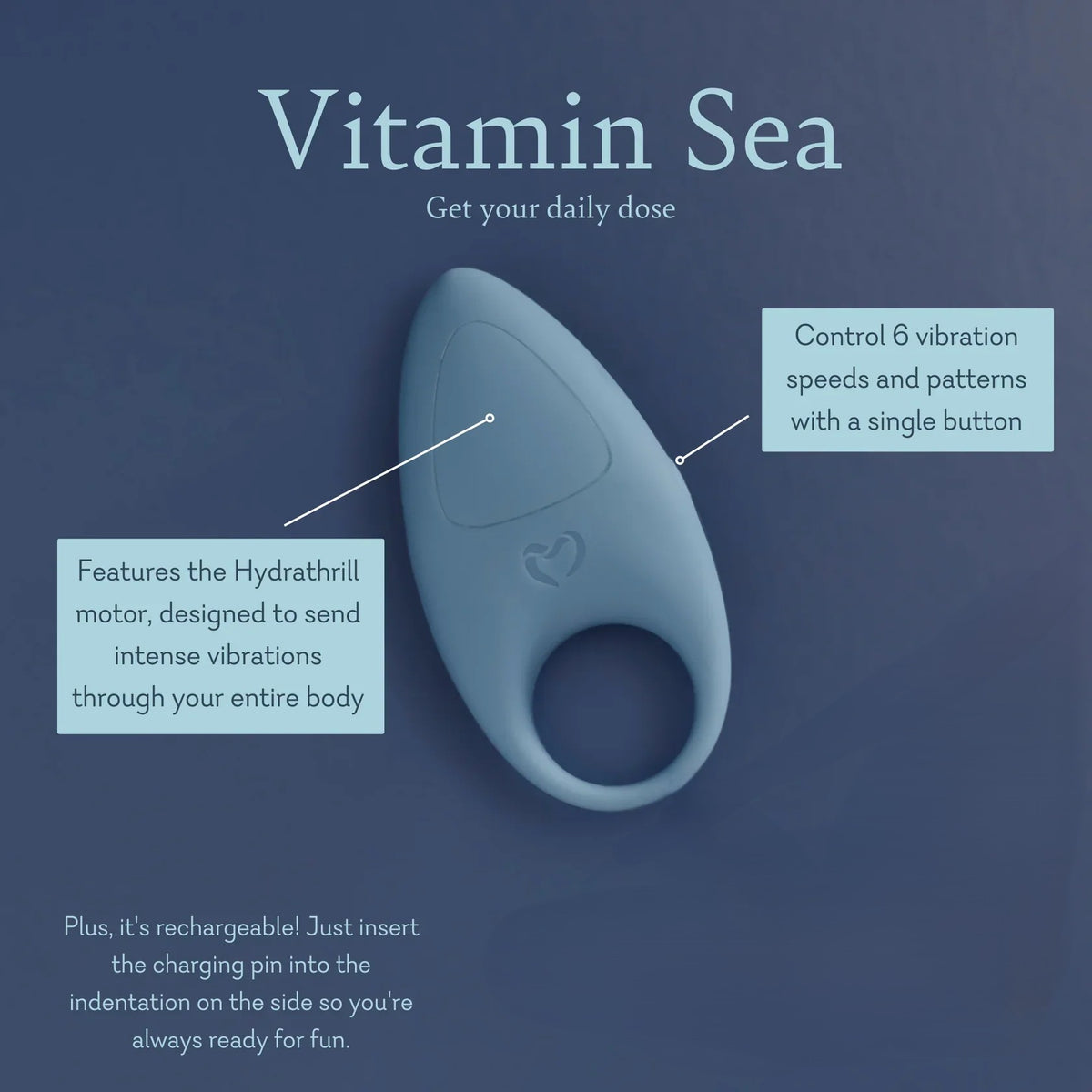 Blue Pure Romance Vitamin Sea Men's Vibrating Cock Ring with text noting all of its features on a blue background