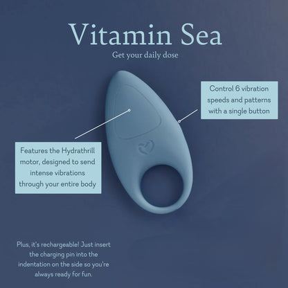 Blue Pure Romance Vitamin Sea Men's Vibrating Cock Ring with text noting all of its features on a blue background