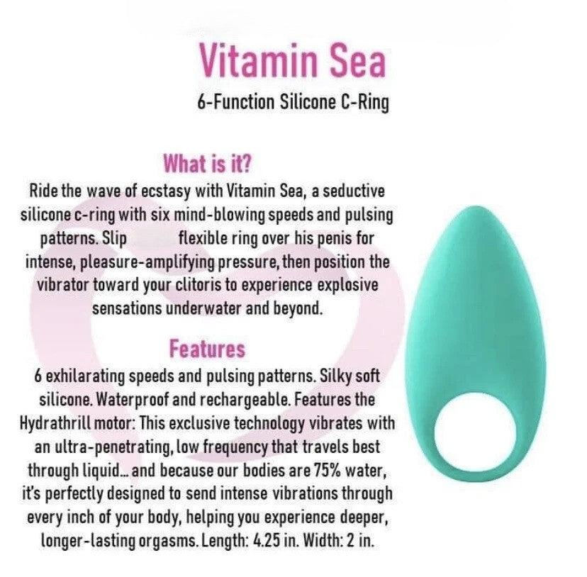 vitamin sea teal colored vibrating cock ring by pure romance listed with text explaining features on a white background