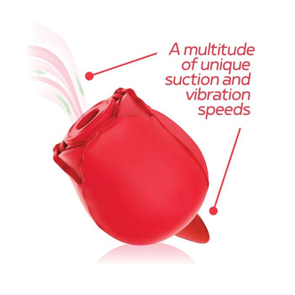 Icon Brands Wild Rose Classic Red suction rose vibration device with licking tongue with text on a white background