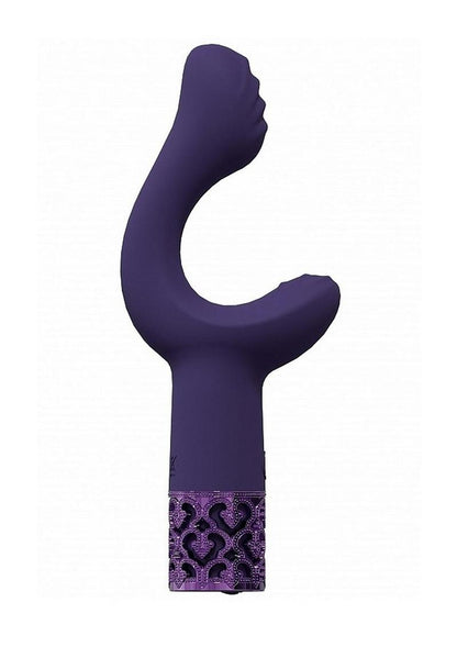 Purple curved Royal Gems Majestic G-spot Vibrator with lace metal detailing on a white background