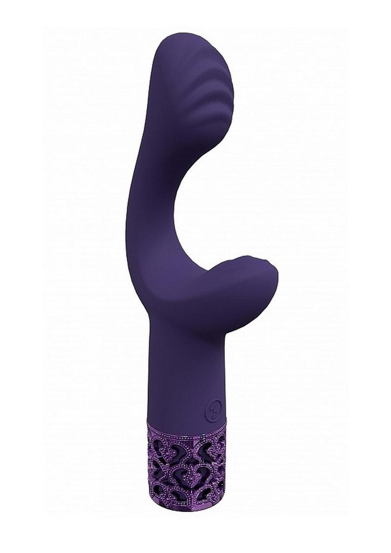 Purple curved Royal Gems Majestic G-spot Vibrator featuring intricate design and light-up handle on a white background