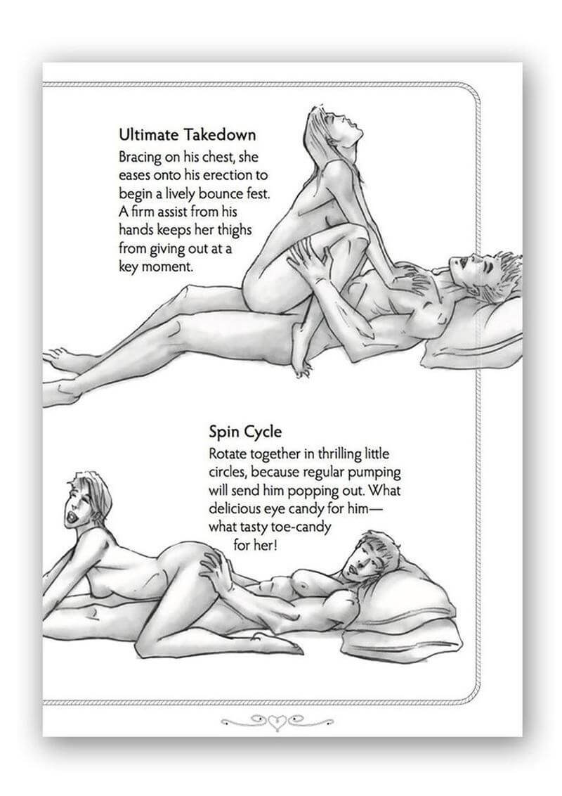Illustrated manual on sexual positions with text descriptions. Dr. Sadie Allison's book Ride 'Em Cowgirl sex positions book.
