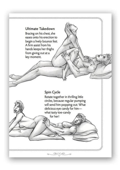 Illustrated manual on sexual positions with text descriptions. Dr. Sadie Allison's book Ride 'Em Cowgirl sex positions book.