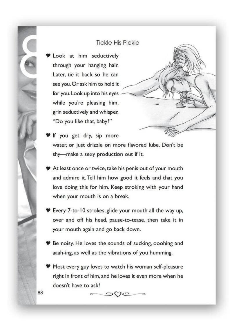 Sexual instruction manual page with text and illustrations on a white background featured as an example of what's in the Tickle his Pickle Oral Sex Guide book by Dr. Sadie Allison.