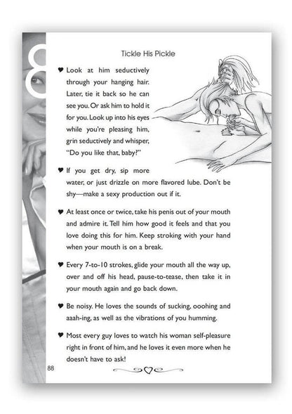 Sexual instruction manual page with text and illustrations on a white background featured as an example of what's in the Tickle his Pickle Oral Sex Guide book by Dr. Sadie Allison.