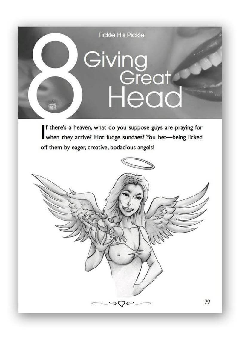 A sexy angel holding a banana split with text and illustration of a woman with wings on a white background featured in Dr. Sadie Allison's Tickle His Pickle oral sex Guide Book.