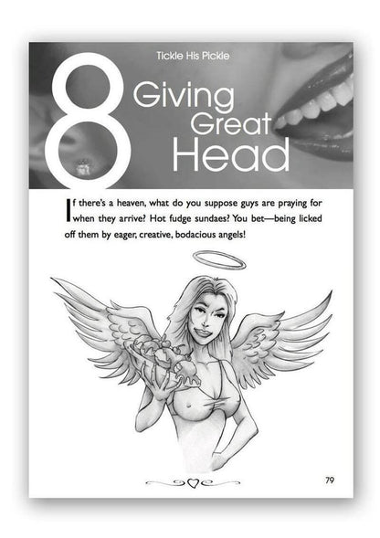 A sexy angel holding a banana split with text and illustration of a woman with wings on a white background featured in Dr. Sadie Allison's Tickle His Pickle oral sex Guide Book.