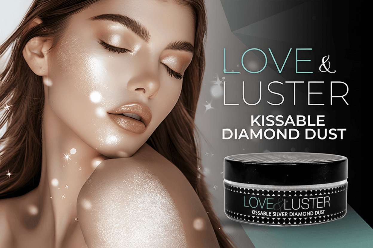 Woman with glittery makeup and sparkle on her shoulder and Sensuva 'Love & Luster'  kissable diamond dust product packaging.