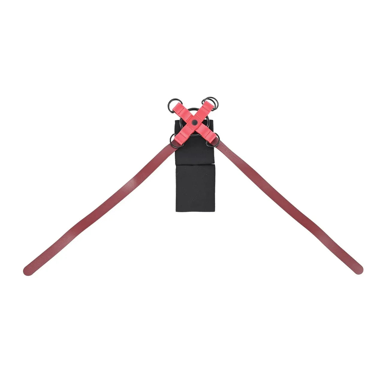 Sex & Mischief Ex's & Oh's wrist restraint  red X-shaped top connector featuring metal D-rings, shown against a plain white background.