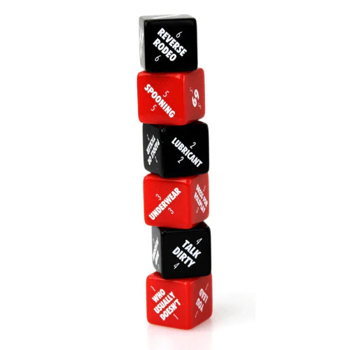 Stack of sexy 6 dice game dice with various inappropriate text on a white background