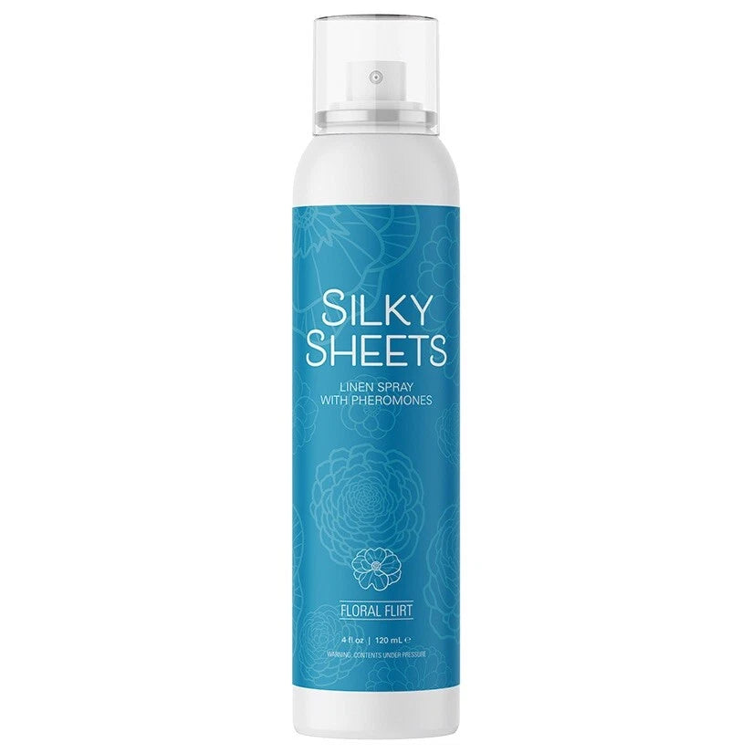 Silky Sheets linen spray bottle on a white background