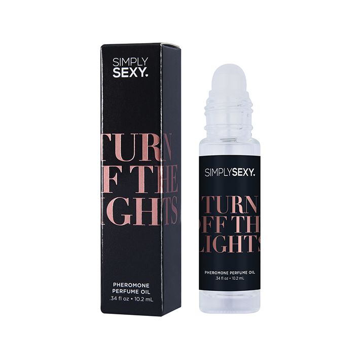 Simply Sexy perfume oil bottle with cap off to show rollerball attachment with a black label and gold text reading "Turn Off the Lights" on a white background