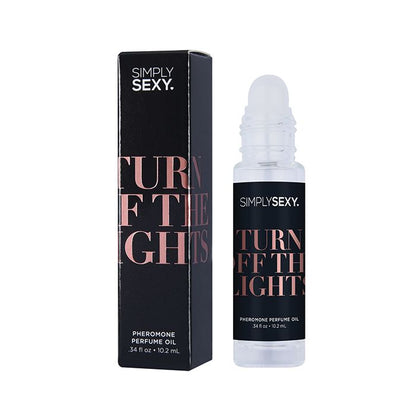 Simply Sexy perfume oil bottle with cap off to show rollerball attachment with a black label and gold text reading "Turn Off the Lights" on a white background