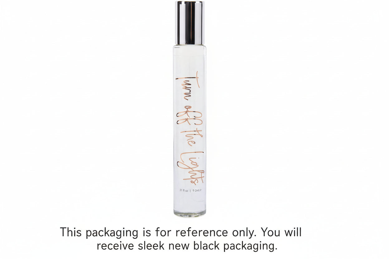 Clear Simply Sexy perfume rollerball bottle with gold text "Turn Off The the Lights" on a white background