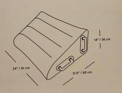 Illustration of a rectangular Sportsheets Pivot Plus Sex Position Pillw with dimensions labeled on a beige background
