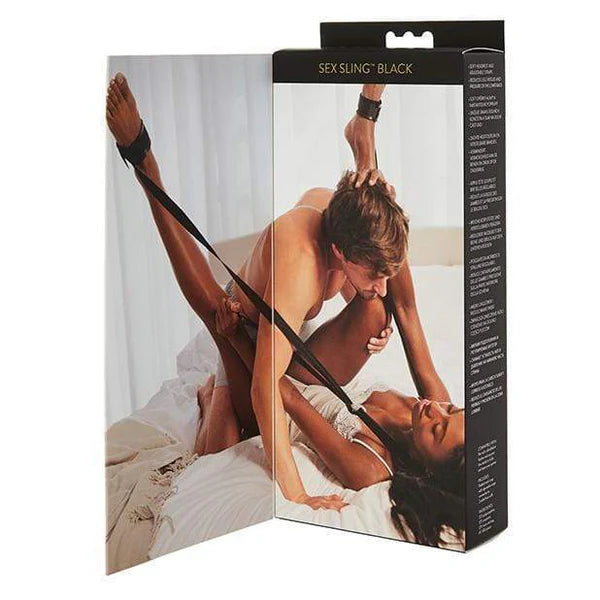 Product packaging for Sportsheets 'Sex Sling Black' positioner showing two people in a romantic pose.