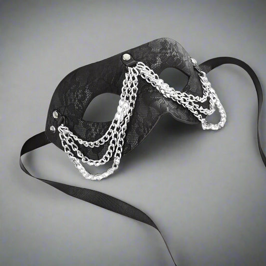 Black lace mask adorned with delicate silver chains draped elegantly across the front.