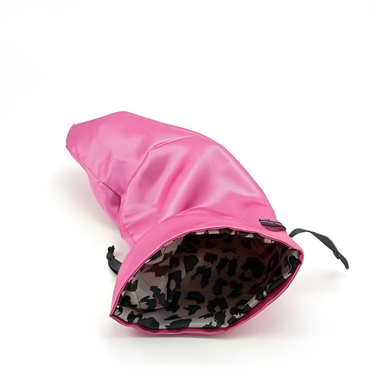 Sugar Sak XL Pink Adult Toy Tote Storage shown on it's side with bag open and cheetah print inside showing, on white background