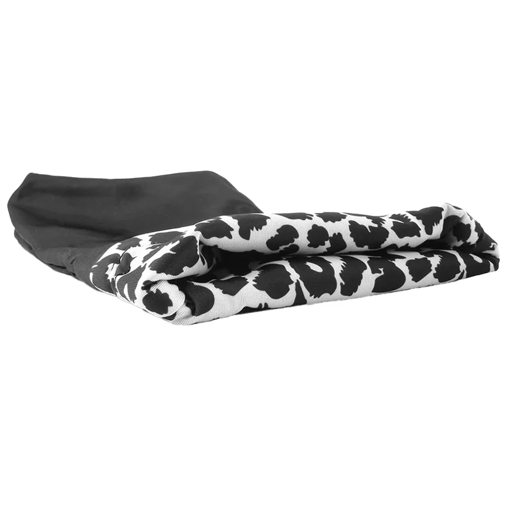 Black Sugar Sak Adult Toy Storage Tote rolled down to show interior white and black cheetah liner on a white background