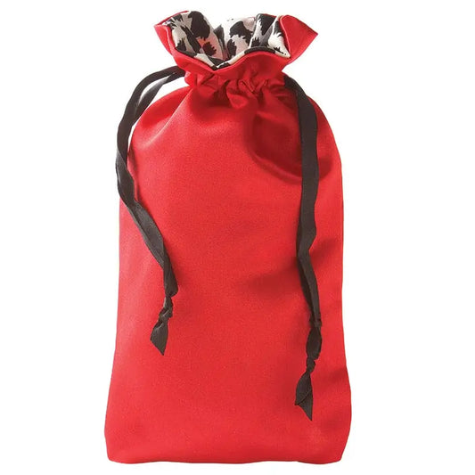 Red drawstring Sugar Sak antibacterial adult toy storage bag with leopard print top on a white background