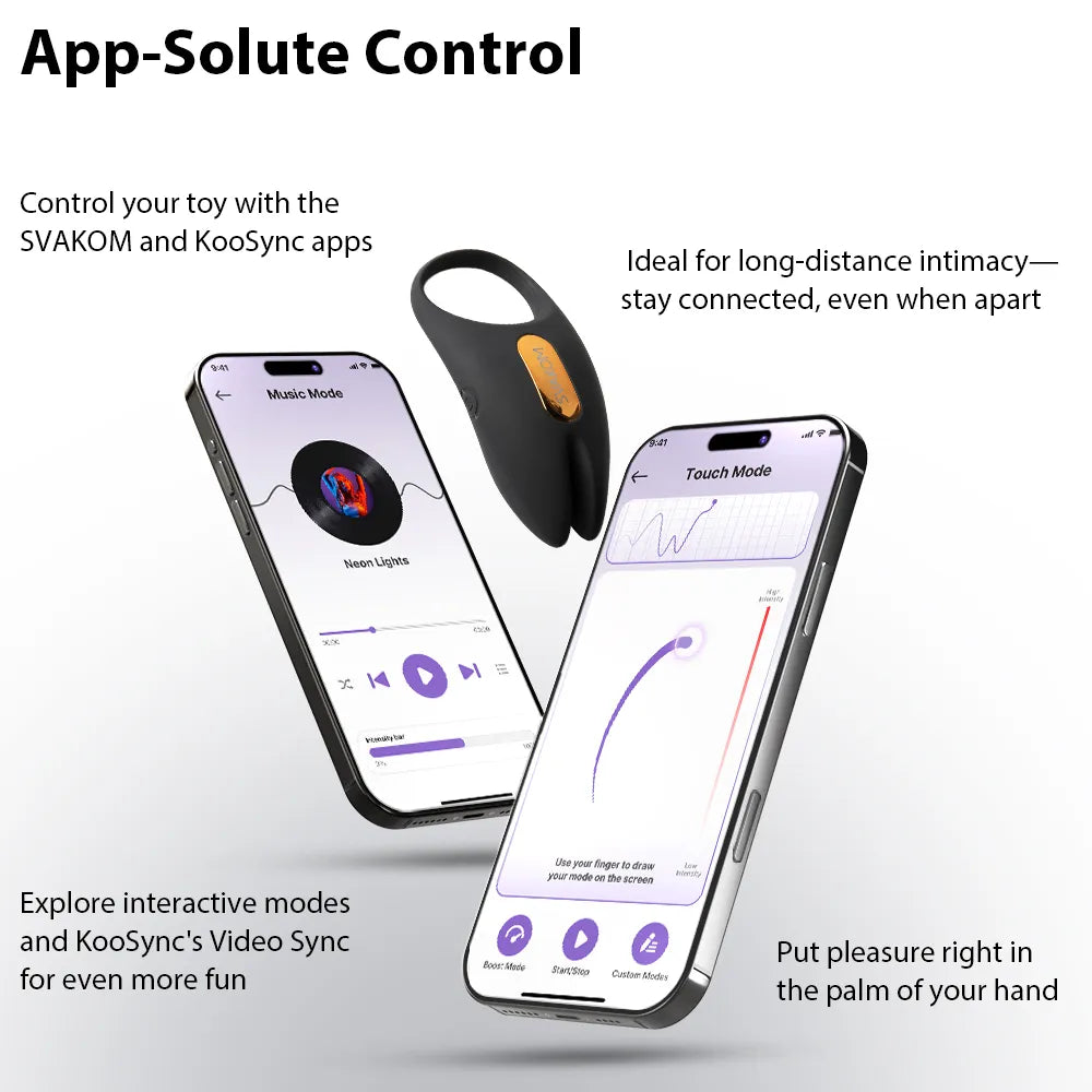 Svakom WINNI 2 Interactive Vibrating Rabbit Cock Ring with app control and remote control shown with app features.
