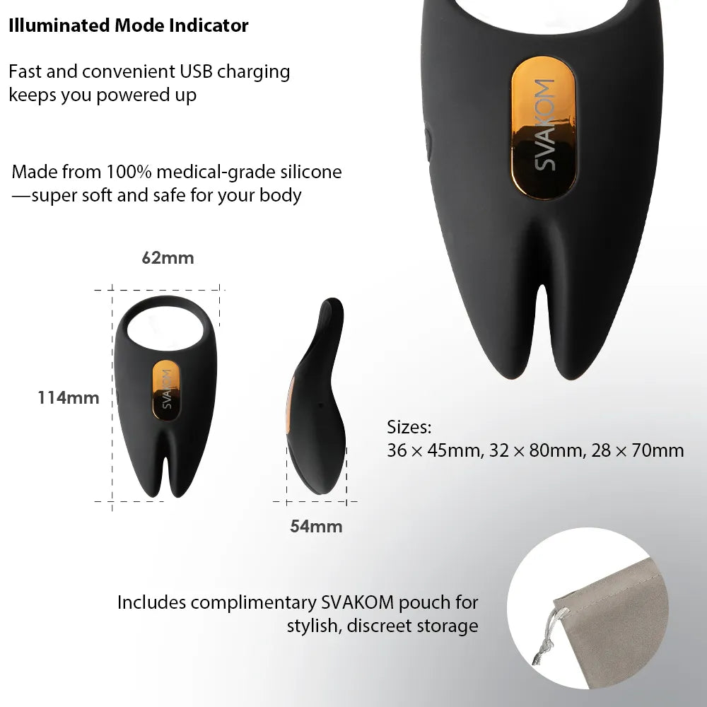 Svakom WINNI 2 Interactive Vibrating Rabbit Cock Ring with app control and remote control with measurements and storage pouch on white background.