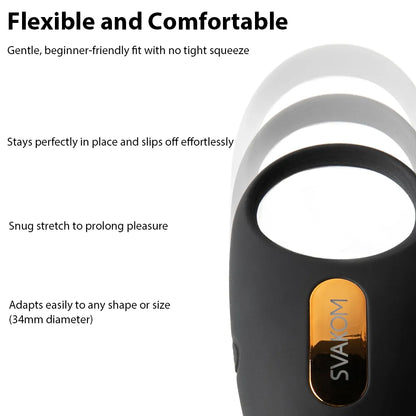 Svakom WINNI 2 Interactive Vibrating Rabbit Cock Ring with app control and remote control showing stretchy features of item on white background