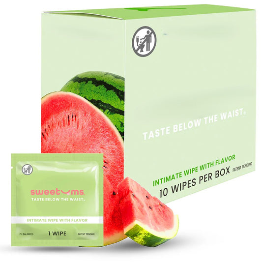 Sweetums watermelon flavored wipes box of 10 individually wrapped.