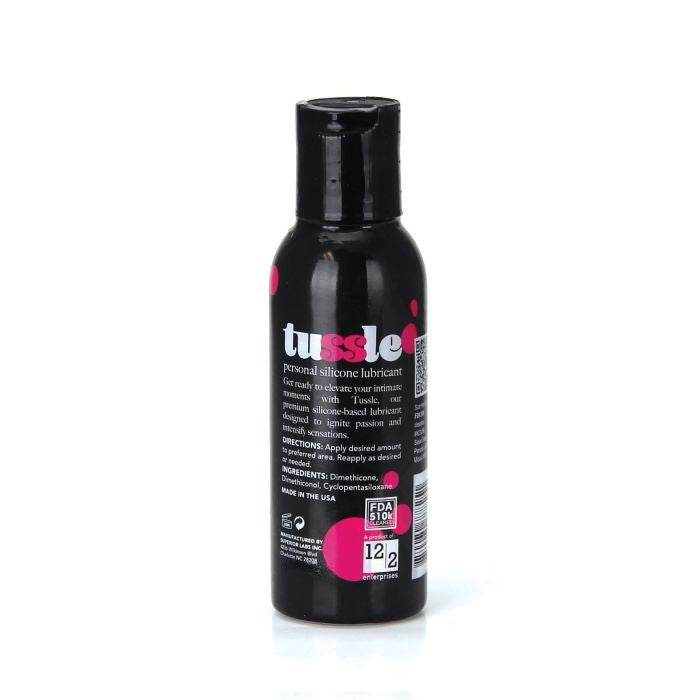 Tussle Premium Silicone Lubricant bottle FDA cleared long lasting formula ingredients, directions and back of bottle.