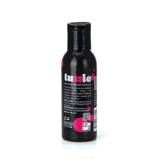 Tussle Premium Silicone Lubricant bottle FDA cleared long lasting formula ingredients, directions and back of bottle.