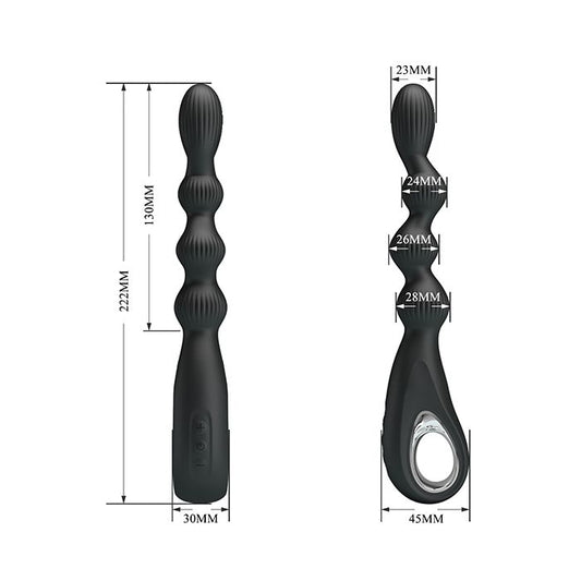Velvet Touch Beaded Anal Vibrator with measurement overlay showing length and width of each bead