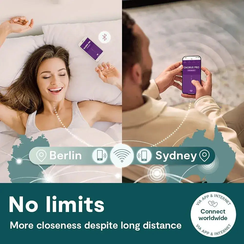 Woman lying in bed with a smartphone, connected to a man using a Chorus Pro app, with text 'No limits' and 'More closeness despite long distance'.
