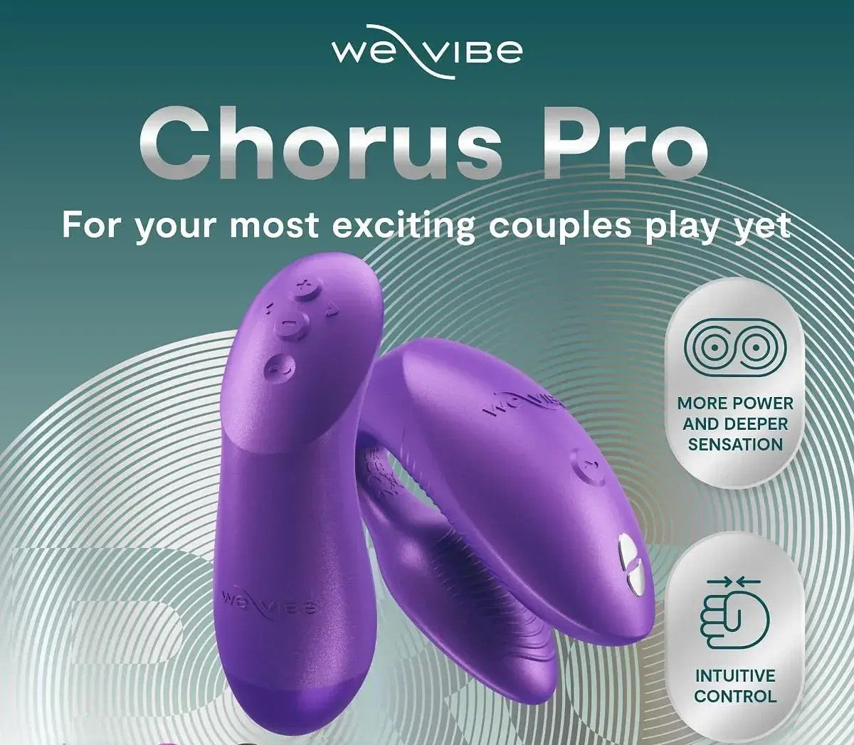 Purple Chorus Pro couples vibrator by WeVibe with branding and feature text on a green background