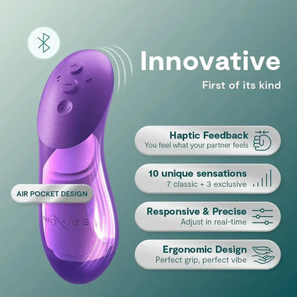 Purple We-Vibe couples sex toy haptic remote device with text highlighting features on a green background
