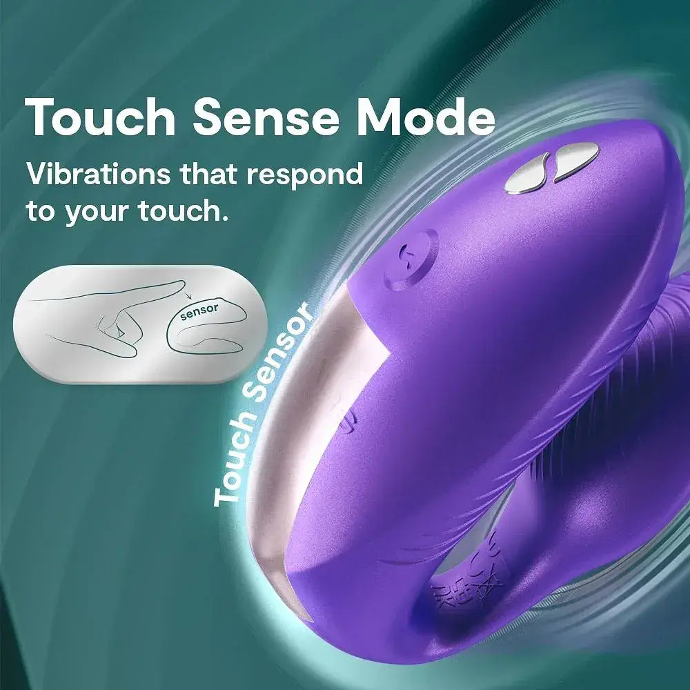 Purple We-Vibe Chorus Pro with 'Touch Sense Mode' text and sensor illustration on a teal background