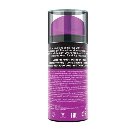 Back label of Wicked Toy Love Gel showing ingredients, directions, and product safety information