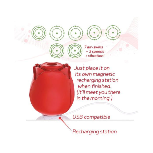 Wild Rose Air-Suction Vibrator features: intense suction, strong vibration, rechargeable base, waterproof design, and by Icon Brands.