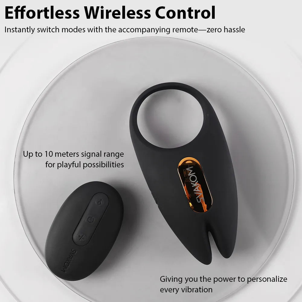 Svakom WINNI 2 Interactive Vibrating Rabbit Cock Ring with app control and remote control reatureing wireless control on white background.