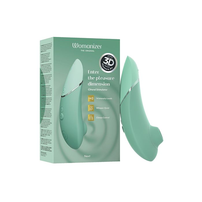 Sage mint green 'Womanizer' Next 3D toy with packaging on a white background