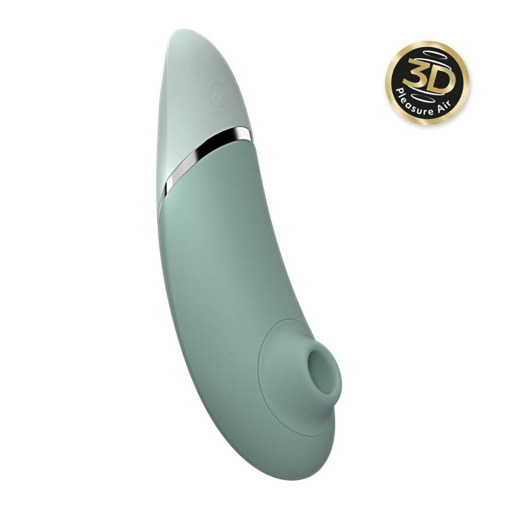 Womanizer Next 3D Air Stimulator with Climax Control profile view in sage on white background. New Rose Toy.