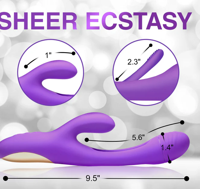 XR Brands Inmi Tri-flick-rabbit Purple toy with measurements labeled on a gray background, featuring the text 'SHEER ECSTASY'.