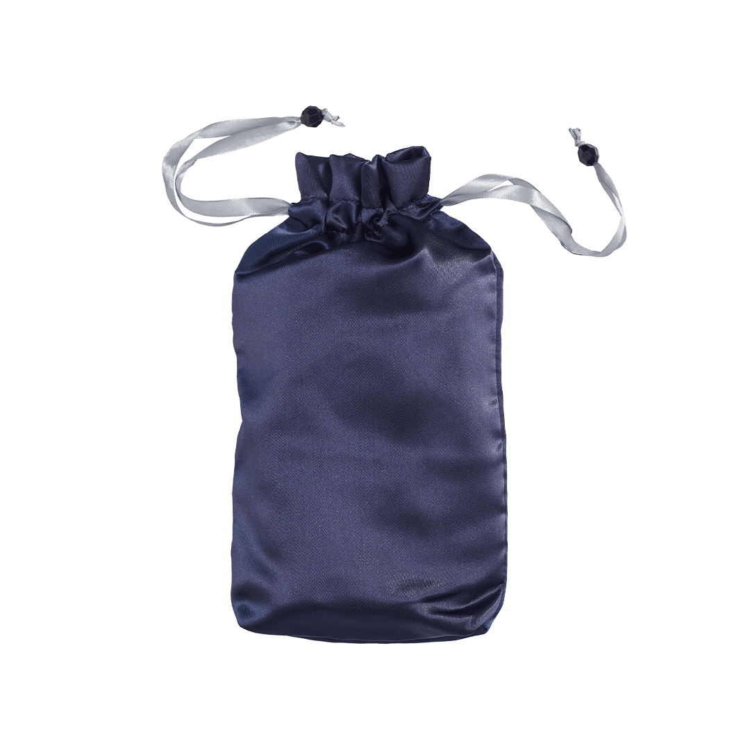 Pure Romance bioshield disinfecting silk toy tote in shiny satin navy blue color with drawstrings.