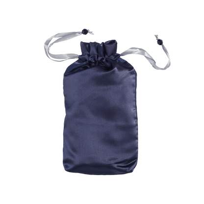 Pure Romance bioshield disinfecting silk toy tote in shiny satin navy blue color with drawstrings.