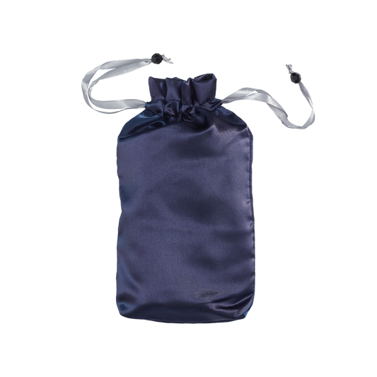 Pure Romance bioshield disinfecting silk toy tote in shiny satin navy blue color with drawstrings.